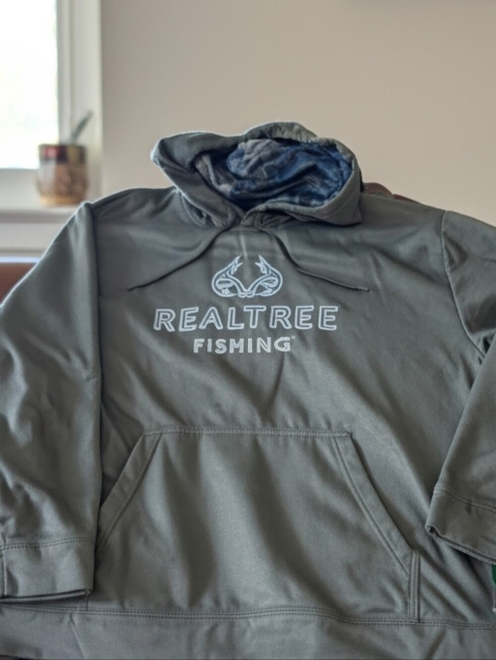 Realtree Fishing Olive Green Hooded Sweatshirt with Camouflage Lining